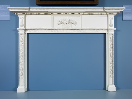Mantel, 1813. Wooden fire surround with carved grape vines, cornucopia, and baskets of fruit and flowers. Made for Oak Hill, Elizabeth Derby West's country estate in South Danvers, Massachusetts