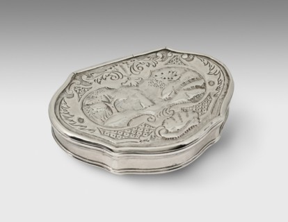 Snuff Box, 1752. Stylised foliage decoration with landscape scene.