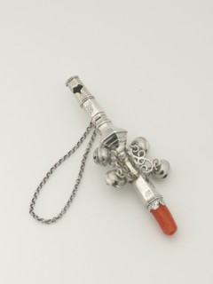 Whistle and Bells with Coral, c. 1722. Baby's toy probably given as a christening present. Coral was believed to protect against illness, and was also used for teething.