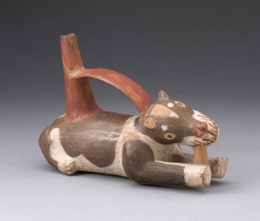 Single Spout and Bridge Vessel in the Form of a Dog Gnawing a Bone, A.D. 700/1000.