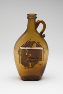 Flask, 1859/1900. 'Flora Temple Harness Trotter' and image of horse. Flora Temple was the 'bob-tailed nag' of the song, 'Camptown Races'.