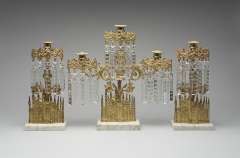 Girandoles, designed 1849. Candleholders with Gothic cathedral design, made of gilt brass, glass, and marble.