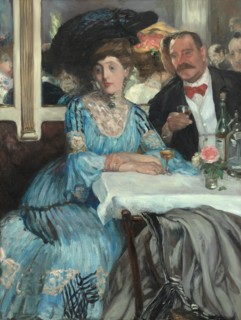 At Mouquin's, 1905. Scene in a New York restaurant: Jeanne Mouquin, the proprietor's wife, shares a drink with James B. Moore, a wealthy playboy and restaurateur, The artist's wife, Edith, and art cri...