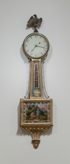 Timepiece, 1802/5. Clock with painted glass scene of Jesus appearing to Mary Magdalen. Works by Elnathan Taber.