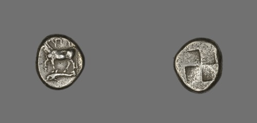 Drachm (Coin) Depicting a Cow with Dolphin below, about 416-357 BCE.