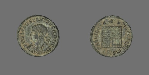 Coin Portraying the Emperor Constantius I, 250-306. Scroll on a cream ground and gold border on top and bottom. Branch depicted in black ink with Chinese characters to the left of the branch.