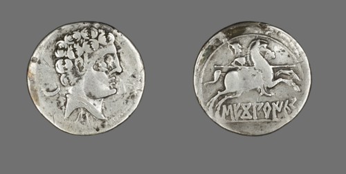 Denarius (Coin) Depicting a Laureate, about 100-50 BCE.