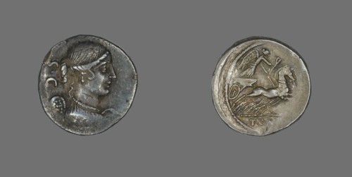 Denarius (Coin) Depicting the Goddess Victory, about 46 BCE.