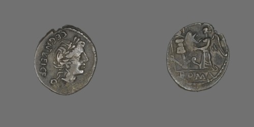 Quinarius (Coin) Depicting the God Apollo, about 97 BCE.