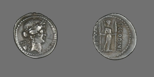 Denarius (Coin) Depicting the God Apollo, about 42 BCE, issued by P. Clodius.