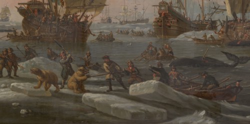 The Dutch Whaling Fleet, 1690/1700. Sailors harpooning whales and attacking polar bears. Detail from a larger artwork.