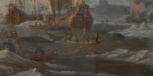 The Dutch Whaling Fleet, 1690/1700. Sailors harpooning whales and attacking polar bears. Detail from a larger artwork.