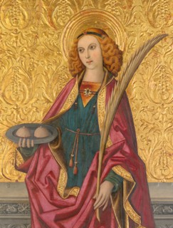 Saint Agatha, About 1500. [Among the tortures St Agatha endured was the excision of her breasts with pincers]. Detail from a larger artwork.