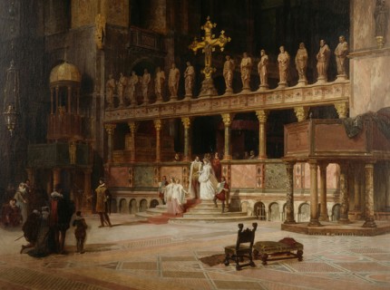 Interior of St. Mark's, Venice, 1869. Bride and groom in 16th-century dress. Detail from a larger artwork.