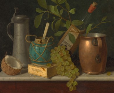 Just Dessert, 1891. Trompe l'oeil scene with half a coconut, copper pitcher, pewter tankard, jar of preserved ginger, Smyrna figs, bunches of grapes and Maraschino liqueur. Detail from a larger artwor...