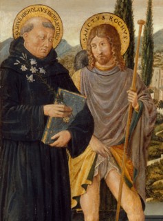 Saints Nicholas of Tolentino, Roch, Sebastian, and Bernardino of Siena, with Kneeling Donors, 1481. Detail from a larger artwork.