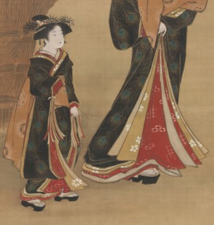 Courtesan and her Attendant under a Cherry Tree, early 19th century. Detail from a larger artwork.