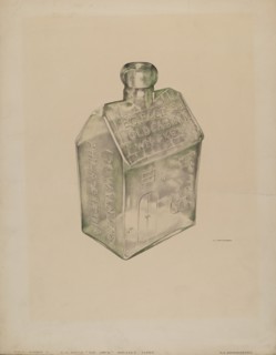 Whiskey Flask, c. 1938.   [Engraved on bottle: E.C. BOOZ'S OLD CABIN WHISKEY.   120 WALNUT STREET PHILADELPHIA].