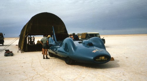 Bluebird CN7 in temporary canvas hangar for World Record attempt, Lake Eyre, Australia, 1964. Creator: Unknown.