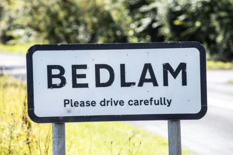 Road sign for the hamlet of Bedlam, North Yorkshire, 2019. Creator: Alun Bull.