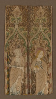 Fragment from an Orphrey Band Showing St. Barbara and St. James, England, 1350/1400. Creator: Unknown.