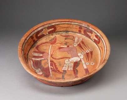 Polychrome Plate Depicting a Standing Figure with Ornate Speach-Scroll, A.D. 600/900. Creator: Unknown.