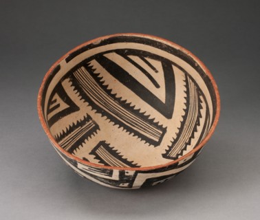 Bowl with Radiating Striped Bands and Triangles and Interlocking Zigzag on Exterior, A.D. 1300/1400. Creator: Unknown.