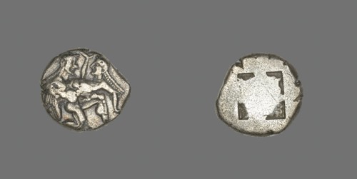 Stater (Coin) Depicting a Satyr and Nymph, 500-463 BCE. Creator: Unknown.