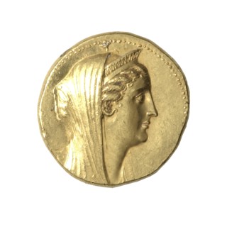 Octadrachm (Coin) Portraying Queen Arsinoe II, After 270 BCE, issued by King Ptolemy II or III. Creator: Unknown.