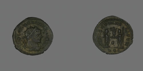 Antoninianus (Coin) Portraying Emperor Marcus Aurelius Valerius Maximianus..., about 293. Creator: Unknown.