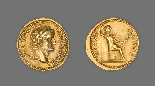 Aureus (Coin) Portraying Emperor Tiberius, 15-37 CE, issued by Tiberius.  Creator: Unknown.