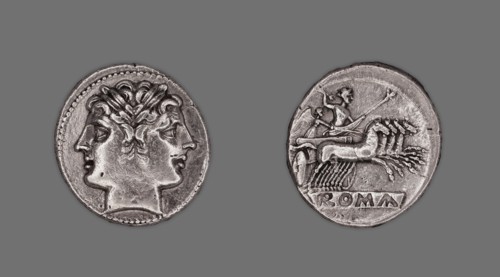 Didrachm (Coin) Depicting the Dioscuri (Castor and Pollux), 225-214 BCE, issued by the Roman Republi Creator: Unknown.