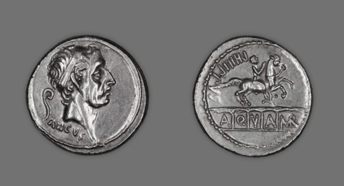 Denarius (Coin) Portraying King Ancus Marcius, 56 BCE, issued by L. Marcius Philippus. Creator: Unknown.