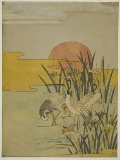 Cranes in an Iris Pond at Sunrise, c. 1774. Creator: Isoda Koryusai.