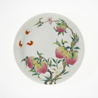Dish with Fruiting Peaches, Tree Peony, Flowering Plum, and Bats, Qing dynasty, probably 19th cent. Creator: Unknown.