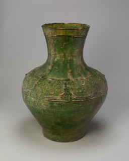 Jar (Hu) with Equestrians and Animals amid Mountains, Han dynasty (206 B.C.-A.D. 220). Creator: Unknown.