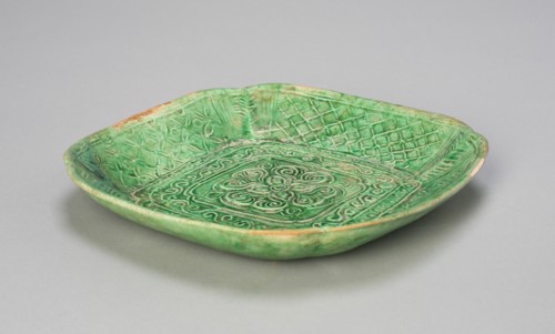Square Dish with Flared, Scalloped Sides and Floral and Butterfly Design, Liao dynasty, 11th century Creator: Unknown.