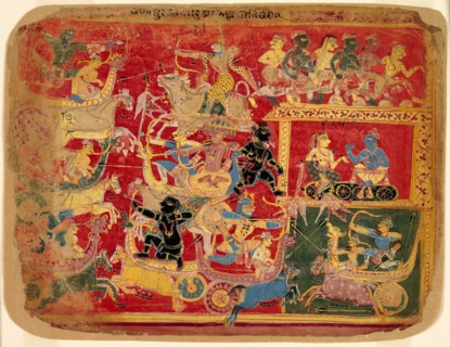 Battle of the Forces of Krishna and Bana, from a copy of the Dispersed Bhagavat Purana, c1520-30. Creator: Unknown.