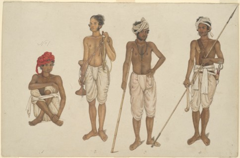 Four Recruits in White Dhotis, page from the Fraser Album, Company School, c. 1815/16. Creator: Unknown.