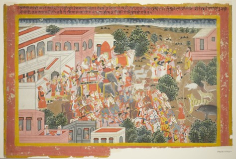 Four Princes in Procession Visit a Sage, page from a copy of the Ramayana, 1820/40. Creator: Unknown.
