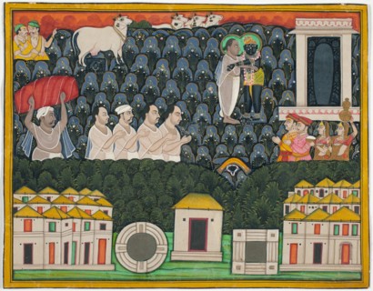 Pratham Milan, Shrinathji revealing himself to Vallabhacharya on Mount..., Early 19th century. Creator: Unknown.