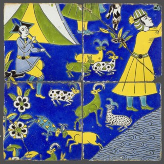 Four Tiles with a Figural Scene, Safavid dynasty (1501-1722), 17th century. Creator: Unknown.