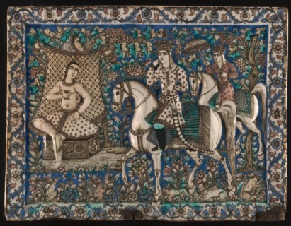 Tile depicting Khusrau Happening upon Shirin Bathing, Qajar dynasty, late 19th century. Creator: Unknown.