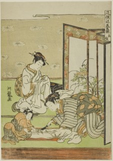 Cutting and Sewing (Tachinui), from the series "Collection of of Fashionable..., c. 1770/72. Creator: Isoda Koryusai.