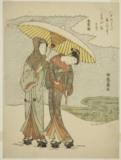 Young Couple Under an Umbrella in the Snow, c. 1770. Creator: Isoda Koryusai.