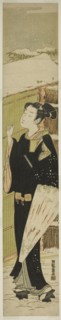 Young Man with Umbrella Knocking on Gate in Snow, c. 1774. Creator: Isoda Koryusai.