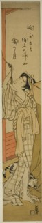 Young Woman Hanging a Mosquito Net as Cat Plays at Her Feet, c. 1774. Creator: Isoda Koryusai.