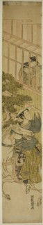 Young Man on Horseback and Two Women Watching from a Window, c. 1770. Creator: Isoda Koryusai.
