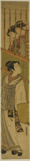 Two Young Women Looking out at Young Man Dressed as Komuso, c. 1774. Creator: Isoda Koryusai.