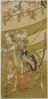 The Actors Ichikawa Raizo II as Kojiro Masahira (right) and Ichikawa Danzo IV as Doi no..., c. 1774. Creator: Katsukawa Shunko.